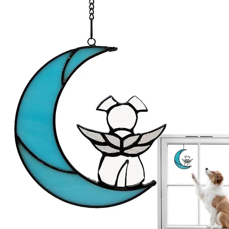 

Stained Glass Window Hanging Panel Dog On The Moon Hanging Ornament For Living Room Indoor Outdoor Apartment Home Decor