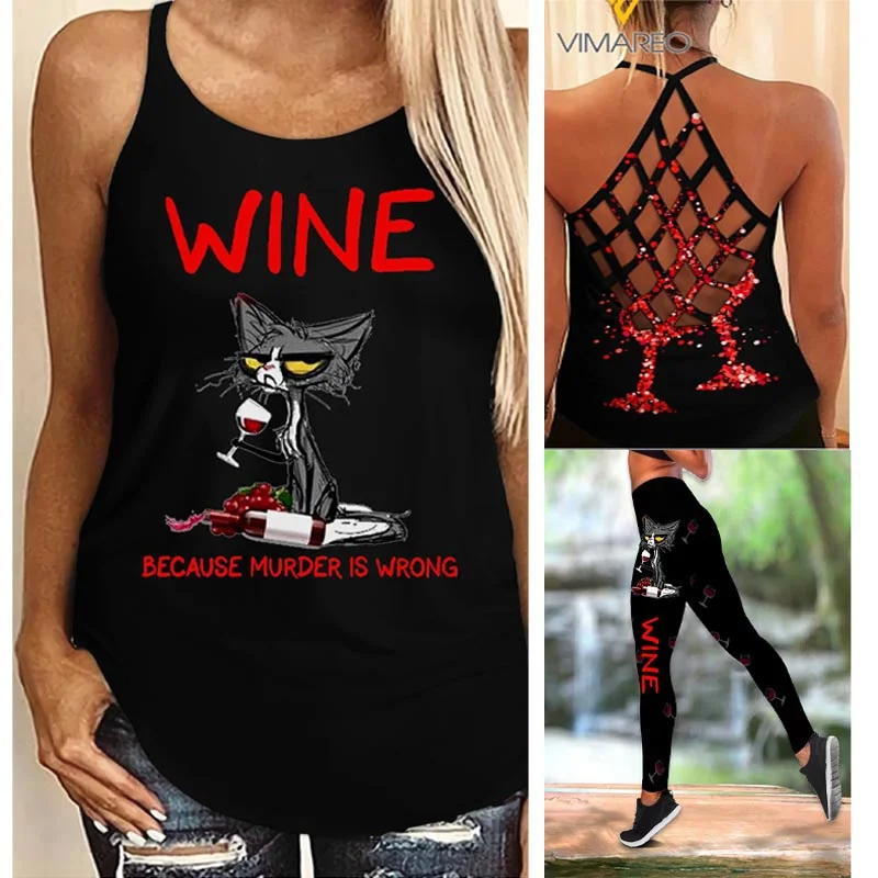 

Women's Fashion 3D wine cat criss-cross Yoga Leggings + Combo Hollow Out Tank Top Summer Sleeveless Graphic Shirt