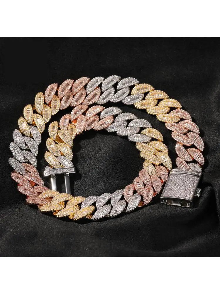 

16mm Rose Gold/silver/gold 3 Color Luxury Miami Cuban Link Necklace Prong Setting Baguette Cubic Zirconia Hiphop Jewelry 18inch