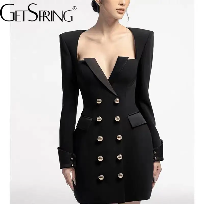 GetSpring Women Dress 2022 Autumn Temperament V Neck Full Sleeve Metal Buckle Slim Thin High Waist Mini Suit Dresses Fashion New
GetSpring Women Dress 2022 Autumn Temperament V Neck Full Sleeve Metal Buckle Slim Thin High Waist Mini Suit Dresses Fashion New