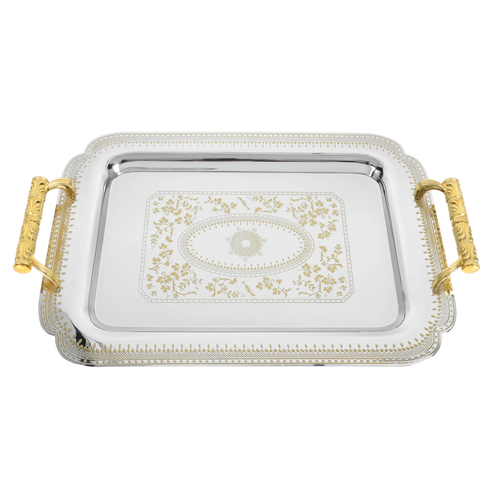 

Tray Serving Plate Platter Metal Coffee Cake Dessert Bread Drinks Fruit Trays Ottoman Stainless Rectangular Gold Breakfast Table