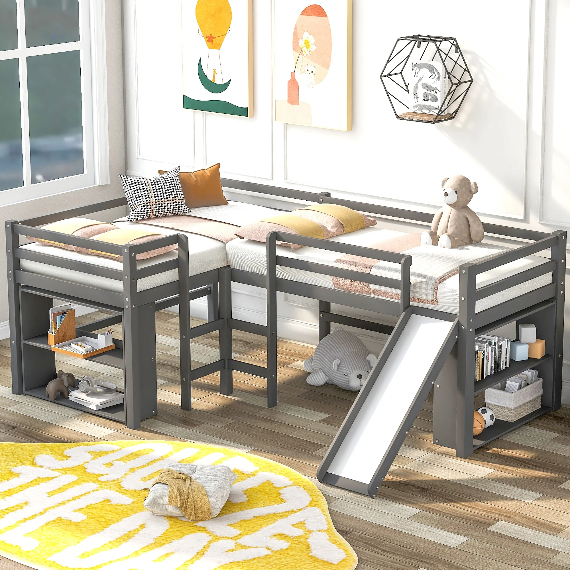 Home Modern Minimalist Wooden Bedroom Furniture Bed Frames Base Twin Size L-Shaped Loft Bed Movable Two-Tier Shelves Slide Gray
Home Modern Minimalist Wooden Bedroom Furniture Bed Frames Base Twin Size L-Shaped Loft Bed Movable Two-Tier Shelves Slide Gray