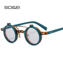 SO&EI Ins Popular Fashion Small Round Punk Double Bridges Women Sunglasses Retro Flip Lens Shades UV400 Men Rivets Sun Glasses