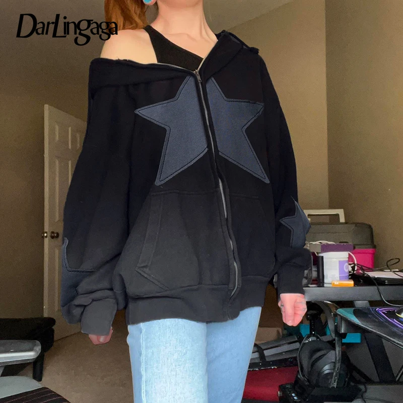 

Куртка-оверсайз Darlingaga в стиле Харадзюку с аппликацией в виде звезд, женское винтажное пальто на молнии на осень и зиму, свободная верхняя одежда, Свитшот Y2K