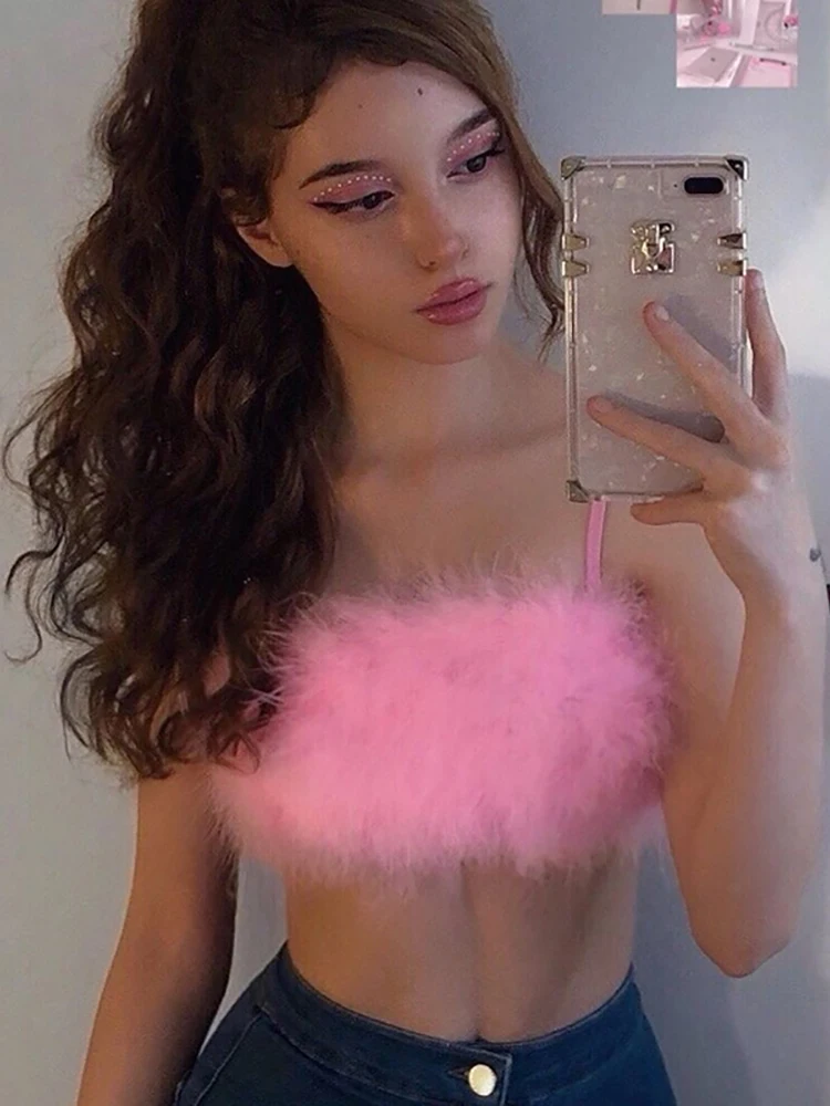 Women Backless Sexy Strap Tanks Pink Lace Up Fur Off Shoulder Sleeveless Bandeau Crop Tops Streetwear Party Festival Clothes
Women Backless Sexy Strap Tanks Pink Lace Up Fur Off Shoulder Sleeveless Bandeau Crop Tops Streetwear Party Festival Clothes