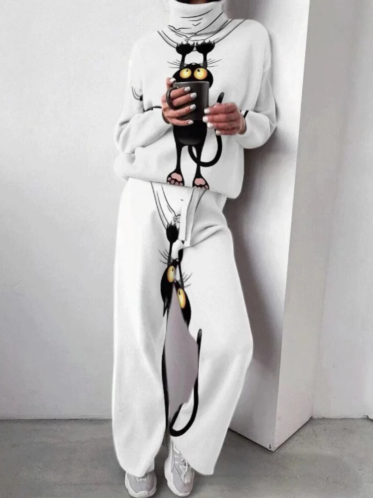 Casual Home Vintage Turtleneck Sweatshirt Long Pant Sets Women Vintage Cartoon Printed Knit Wide Leg 2 Piece Set Street Clothing
Casual Home Vintage Turtleneck Sweatshirt Long Pant Sets Women Vintage Cartoon Printed Knit Wide Leg 2 Piece Set Street Clothing