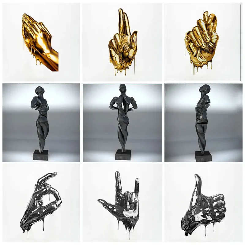 

Современная металлическая золотая статуя среднего пальца, холст, живопись, абстрактные постеры, принты, современные настенные картины, гостиная, домашний декор