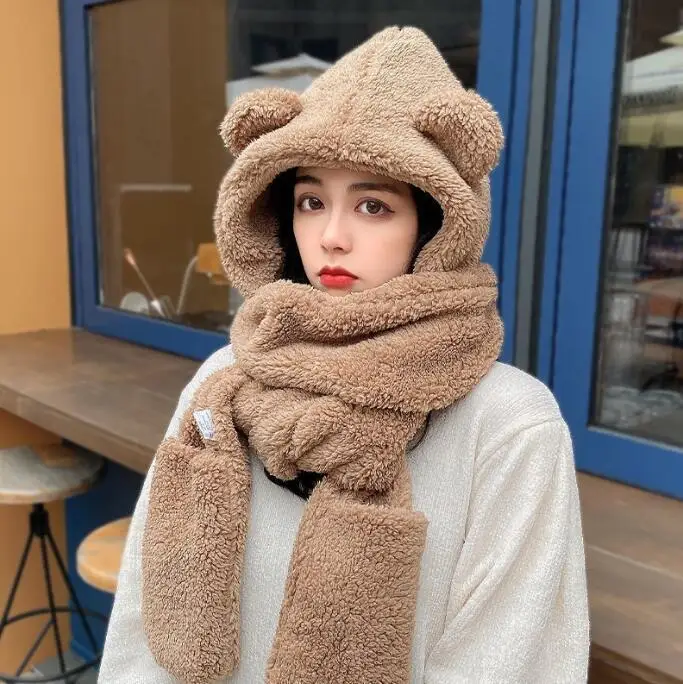 Autumn and winter bear hat, scarf, gloves, three-in-one plush double-layer thickened multi-functional ear protection hat
Autumn and winter bear hat, scarf, gloves, three-in-one plush double-layer thickened multi-functional ear protection hat