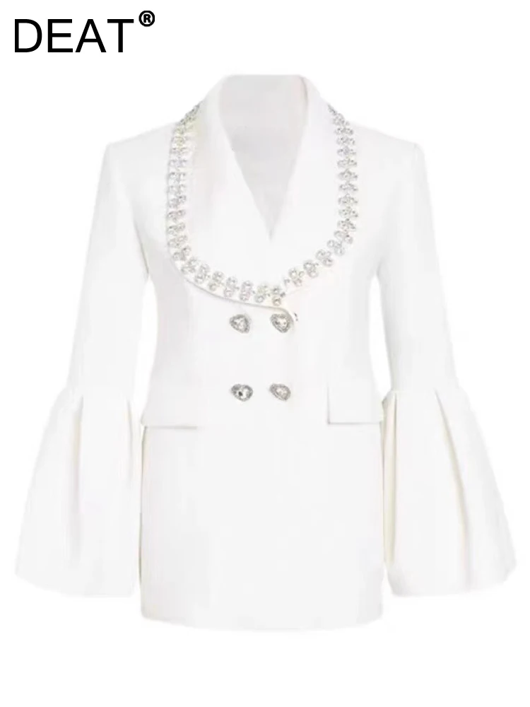 

DEAT Fashion Women's Blazer Diamond Inlay Lapel Waist Double Breasted Flare Sleeve White Suit Jackets Summer 2023 New YX0012
