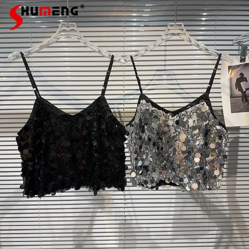 

2023 Summer New Large Sequined Vest Y2k Design Heavy Industry Nightclub Hot Girl Socialite Crop Tops Outerwear Camisole Fashion