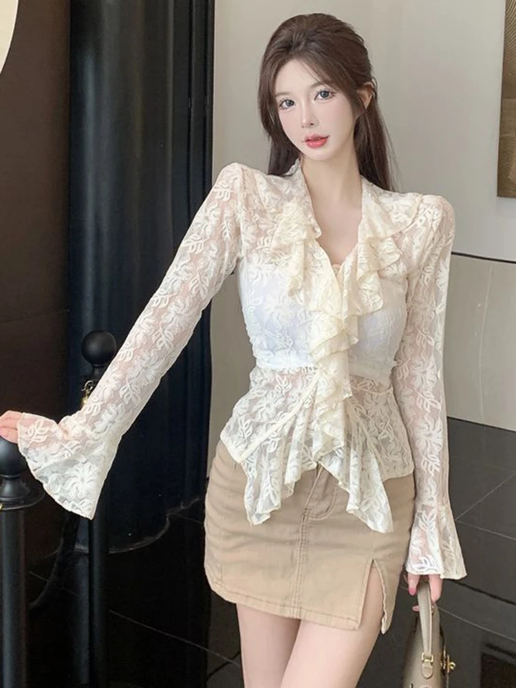 Jmprs Sexy See Through Women Lace Shirt Fashion Hollow Out Slim Blouse Korean Elegant Flare Sleeve V Neck All Match Female Tops
Jmprs Sexy See Through Women Lace Shirt Fashion Hollow Out Slim Blouse Korean Elegant Flare Sleeve V Neck All Match Female Tops