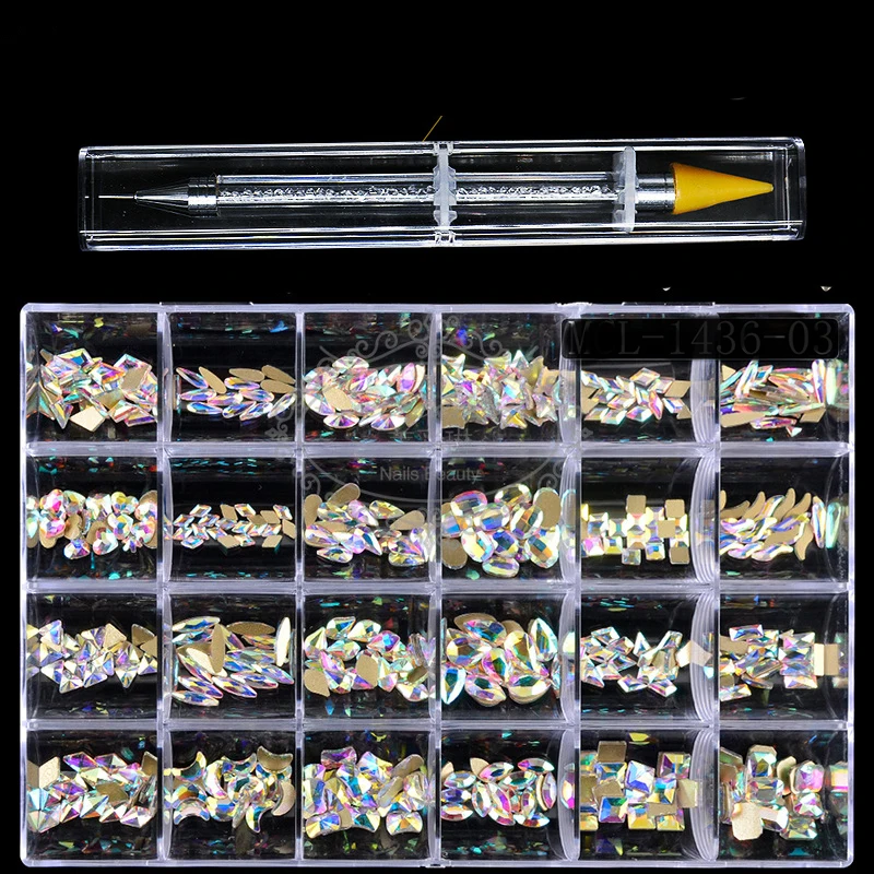 480pcs/Box Nail Rhinestone Set With One PC Dot Pen Crystals AB DIY Rhinestones Gold Bottom Glass Stones For Nail Art Accessories
480pcs/Box Nail Rhinestone Set With One PC Dot Pen Crystals AB DIY Rhinestones Gold Bottom Glass Stones For Nail Art Accessories