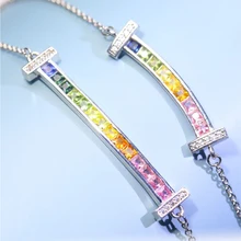 Trendy Geometric Link Chain Necklace Set For Women in Sapphire Stones Rainbow Color Pendant Open Cuff Bangle Girls Jewelry
