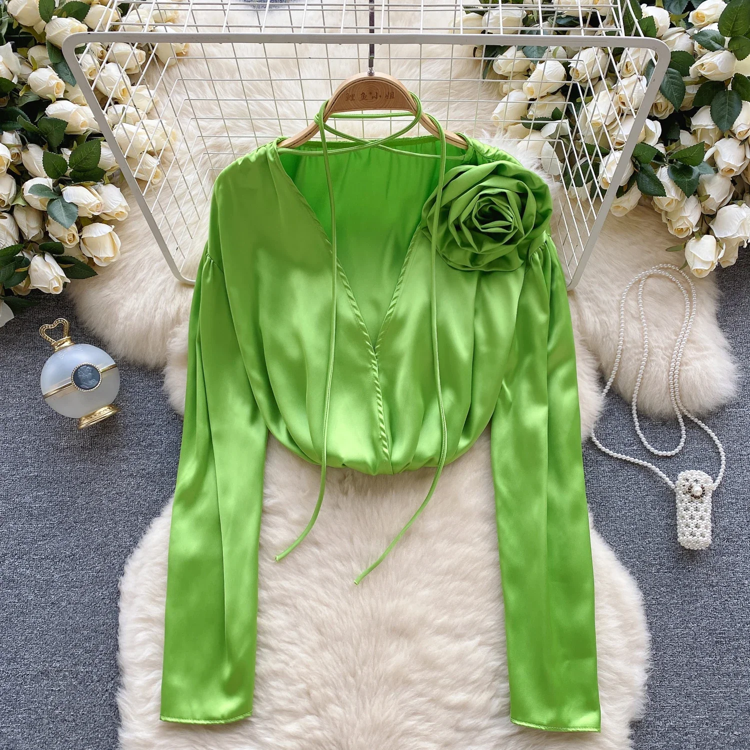 Elegant Satin Three-dimensional Flower Long Sleeve Blouse Chic Vintage Korean Fashion Crop Top Women Autumn Shirts Clothing
Elegant Satin Three-dimensional Flower Long Sleeve Blouse Chic Vintage Korean Fashion Crop Top Women Autumn Shirts Clothing