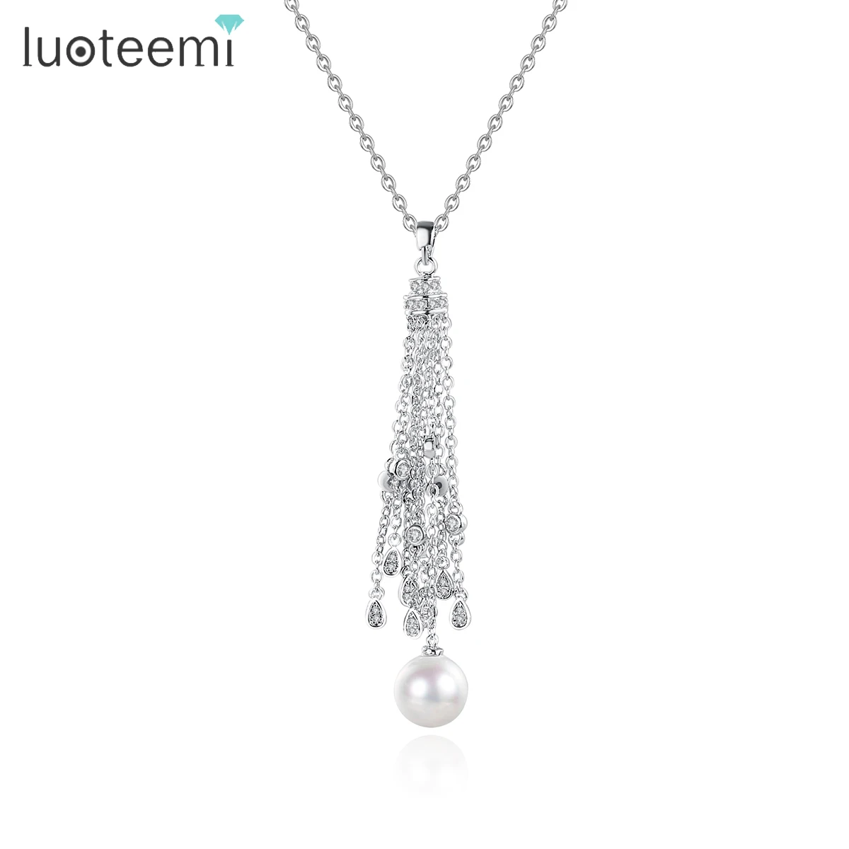 

LUOTEEMI Korean Fashion Waterdrop Tassel CZ Pendant Chandelier Dangle Necklace For Women Luxury Bridal Imitation Pearl Jewelry