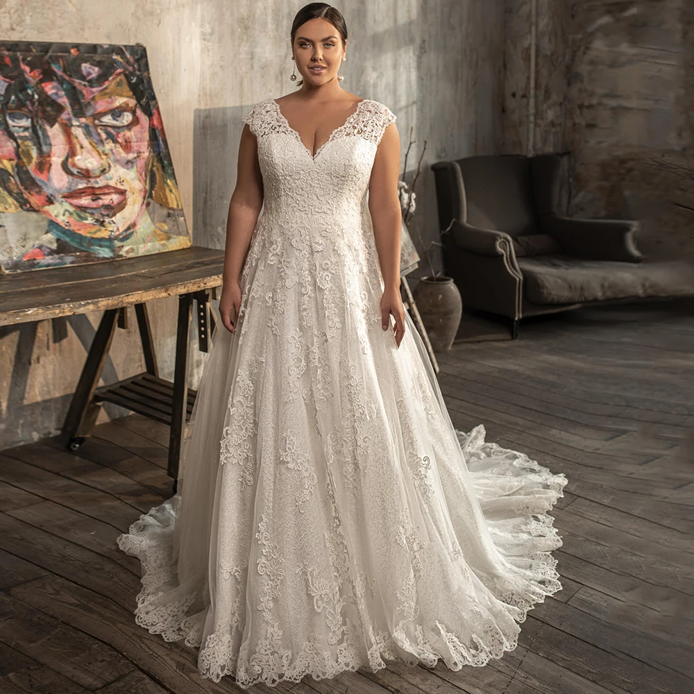 Exquisite White Lace Plus Size Wedding Dress Cap Sleeve V Neck Floor Length Bridal Gown Sweep Corset Back Bohemian Custom A Line
Exquisite White Lace Plus Size Wedding Dress Cap Sleeve V Neck Floor Length Bridal Gown Sweep Corset Back Bohemian Custom A Line