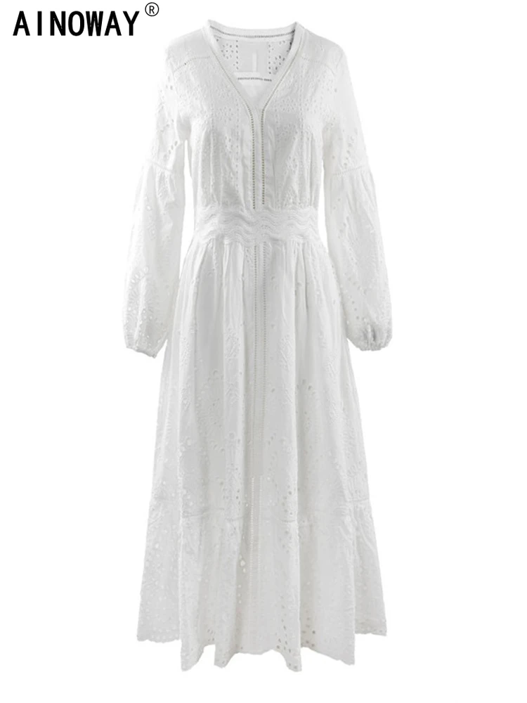Белое винтажное шикарное женское платье миди с длинным рукавом и глубоким