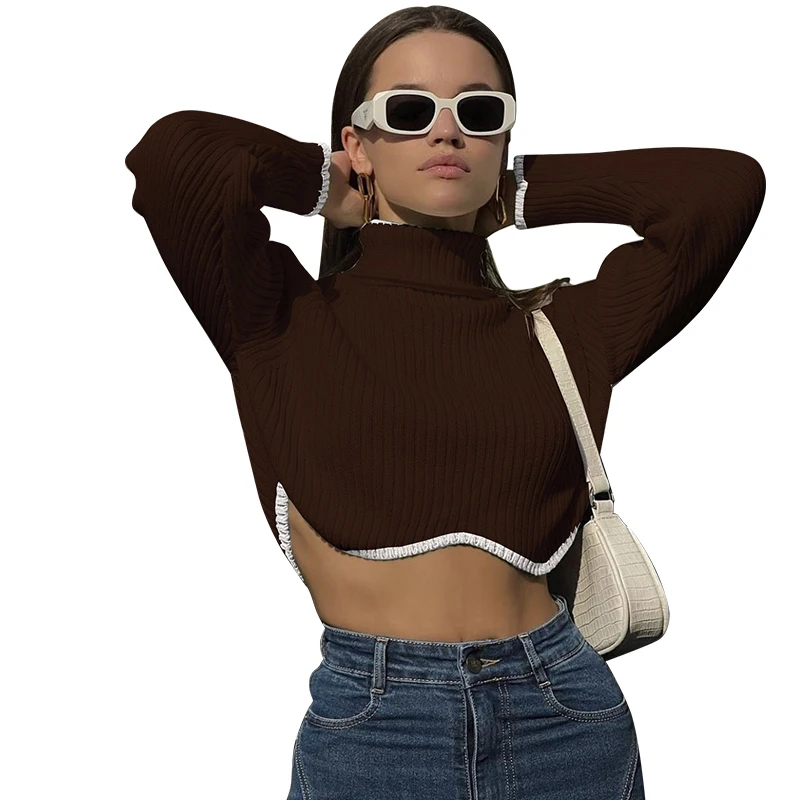 

Стройный женский осенне-зимний облегающий свитер с высоким воротником и асимметричным открытым пупком с длинным рукавом сохраняющий тепло уютная повседневная женская одежда