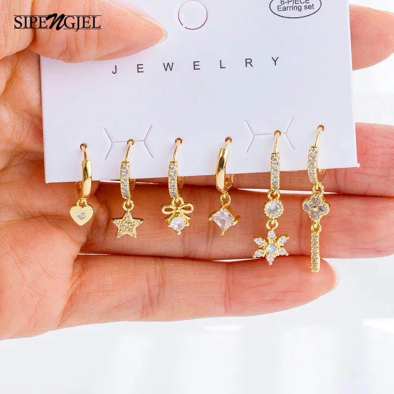 

SIPENGJEL 6 Pcs Heart Star Dangle Hoop Earrings Set For Women Korea Small Hoop Earrings Trendy Jewelry Sets Accessories Gifts