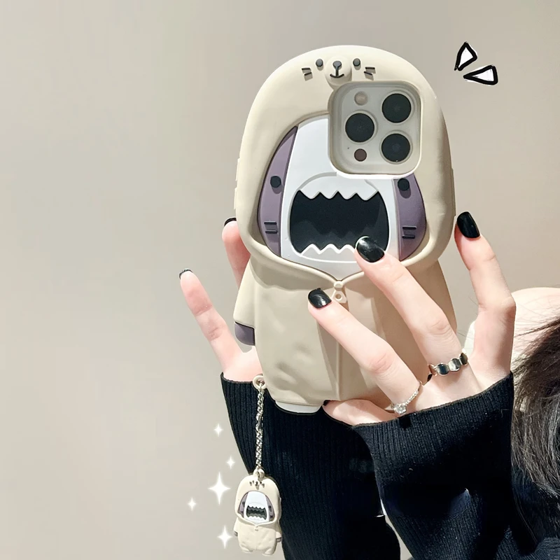 

3D Cartoon Cute Hoodies Shark Phone Case For IPhone 14Pro Max 13Plus 12 11 X XR/XS INS Style Funny Silicone Shockproof Cover