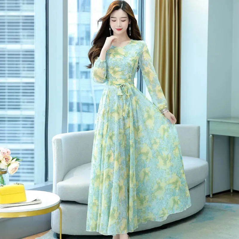 Женское шифоновое платье с круглым вырезом и длинным рукавом
Женское шифоновое платье с круглым вырезом и длинным рукавом