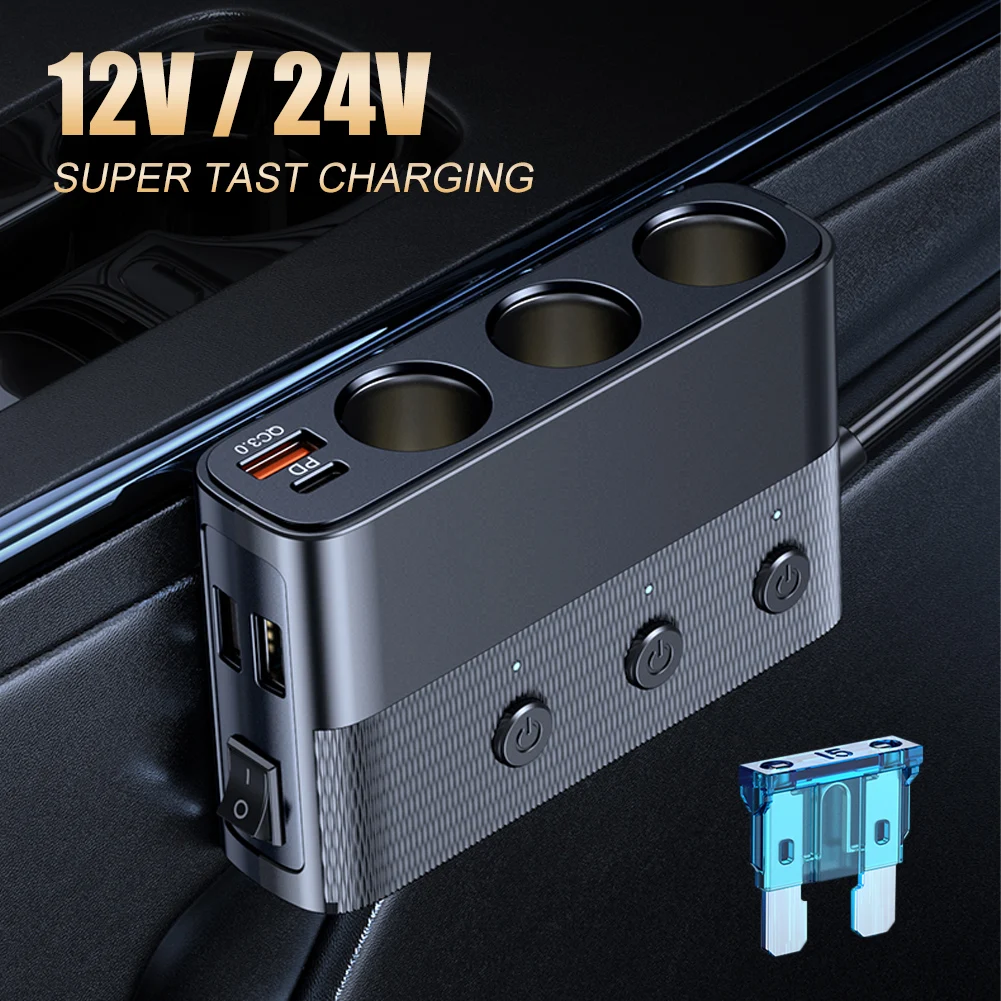 127w 7-in-1 Car Charger Splitter PD30w QC3.0 Cigarette Lighter Adapter Car Cigarette Lighter Socket Splitter With Switch Access
127w 7-in-1 Car Charger Splitter PD30w QC3.0 Cigarette Lighter Adapter Car Cigarette Lighter Socket Splitter With Switch Access