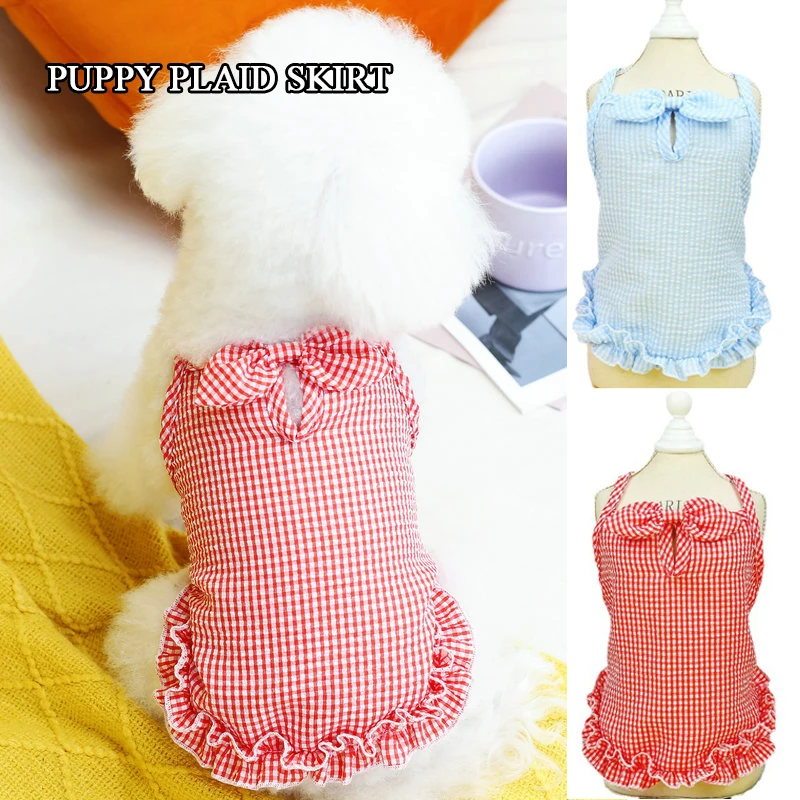 

Puppy Checked Suspender Skirt Lovely Bow Suspender Skirt Summer Buckles Skirt Comfortable Dog Cats Sleeveless Clothes