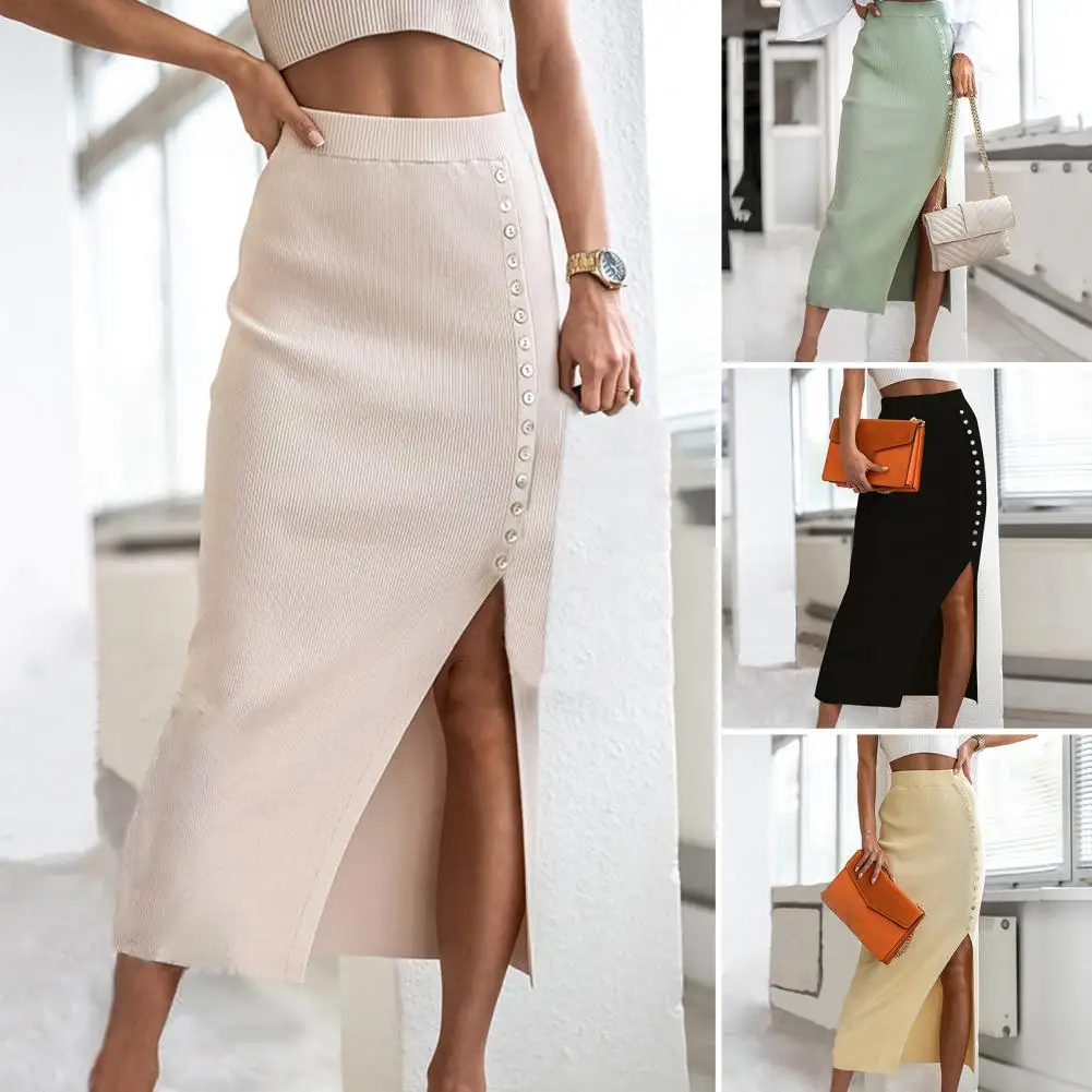 High Waist Ribbed Buttons Decor Midi Skirt Side Split Solid Color Mid-Calf Lady Skirt Slim Fit Elastic Waistband Lady Skirt
High Waist Ribbed Buttons Decor Midi Skirt Side Split Solid Color Mid-Calf Lady Skirt Slim Fit Elastic Waistband Lady Skirt