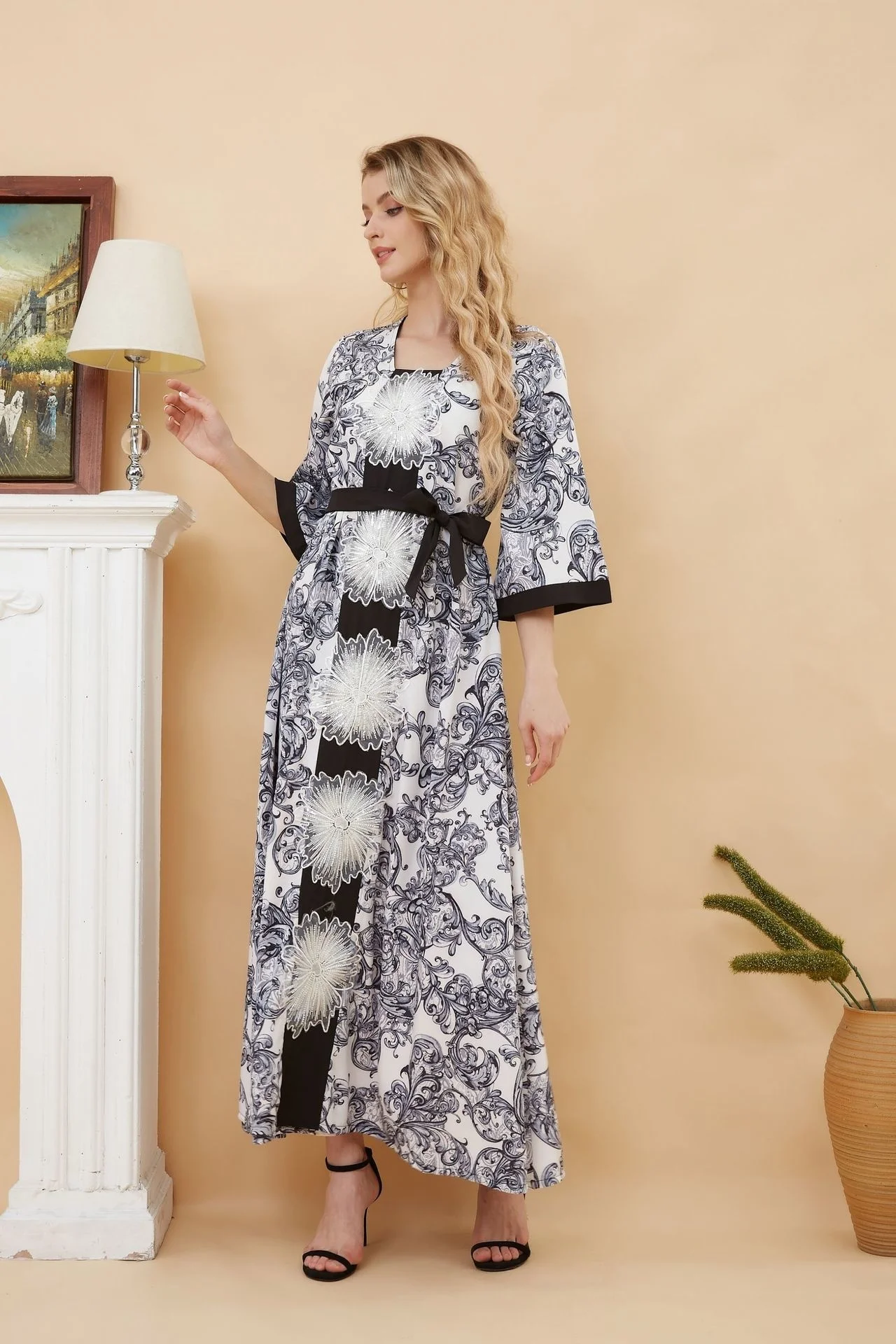 

Muslin Dress with Belt Vintage Print Turkey Morocco Abaya Caftan Kaftan Middle Sleeve Dubai Summer Long Dress Women Clothing