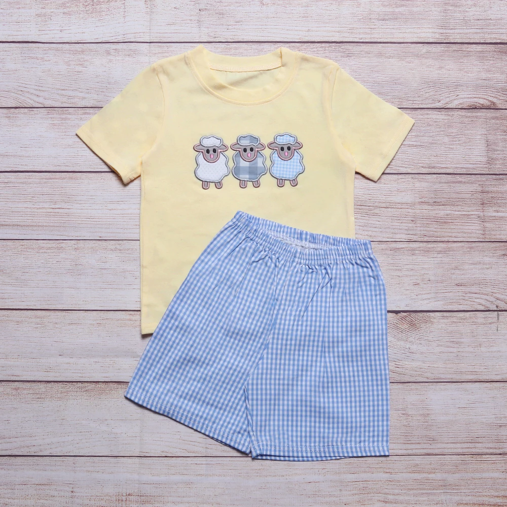 

1-8T Baby Boy Clothes Summer Suits With Lamb Embroidery Yellow Casual Tops + Blue Plaid Loose Shorts 2pcs The New Listing