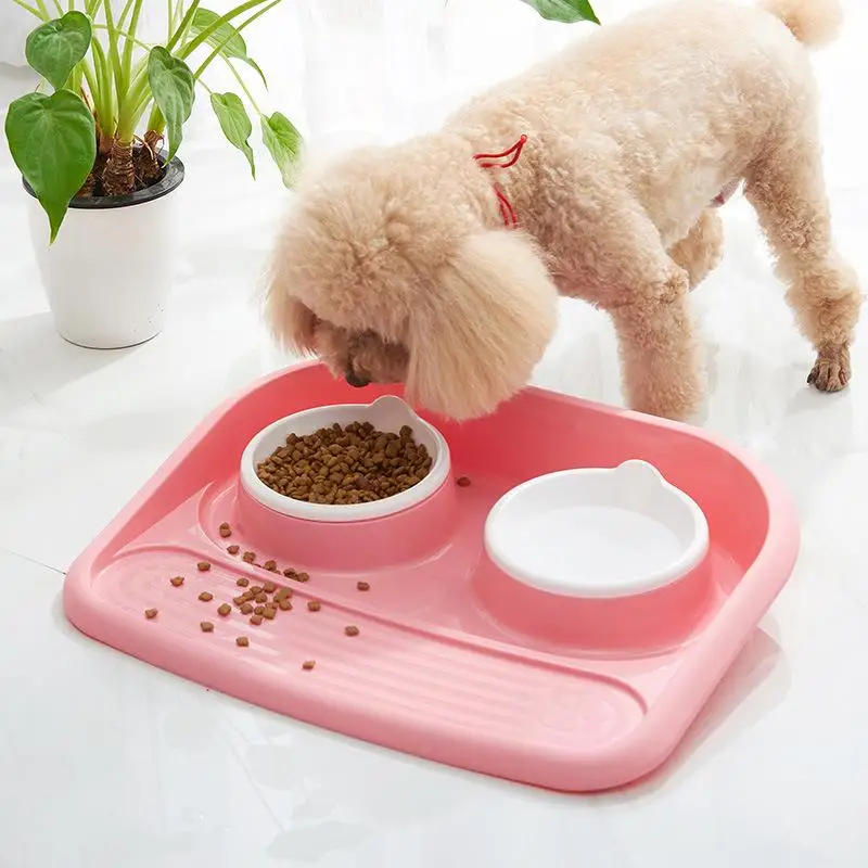 

Cute Pet Bowls Plastic Non-slip Double Bowl Anti-Tipping Eat and Drink Dual-purpose Dog Feeder Cat and Dog Basin Easy to Clean