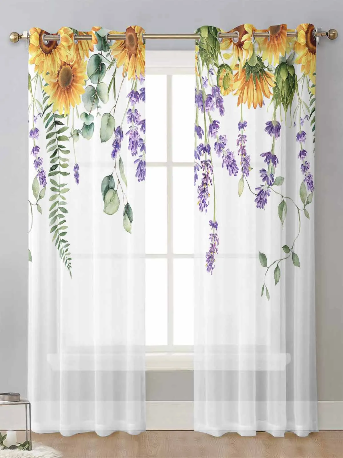 

Spring Eucalyptus Sunflower Lavender Sheer Curtains For Living Room Window Voile Tulle Curtain Cortinas Drapes Home Decor