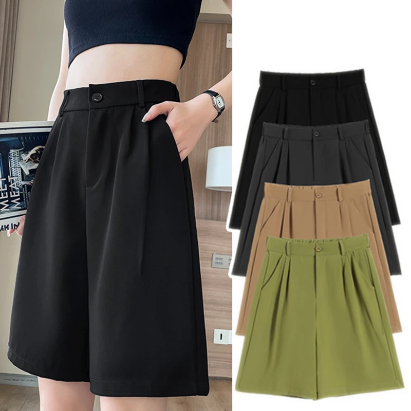 Шорты женские с завышенной талией, с широкими штанинами, до колена 
Шорты женские с завышенной талией, с широкими штанинами, до колена