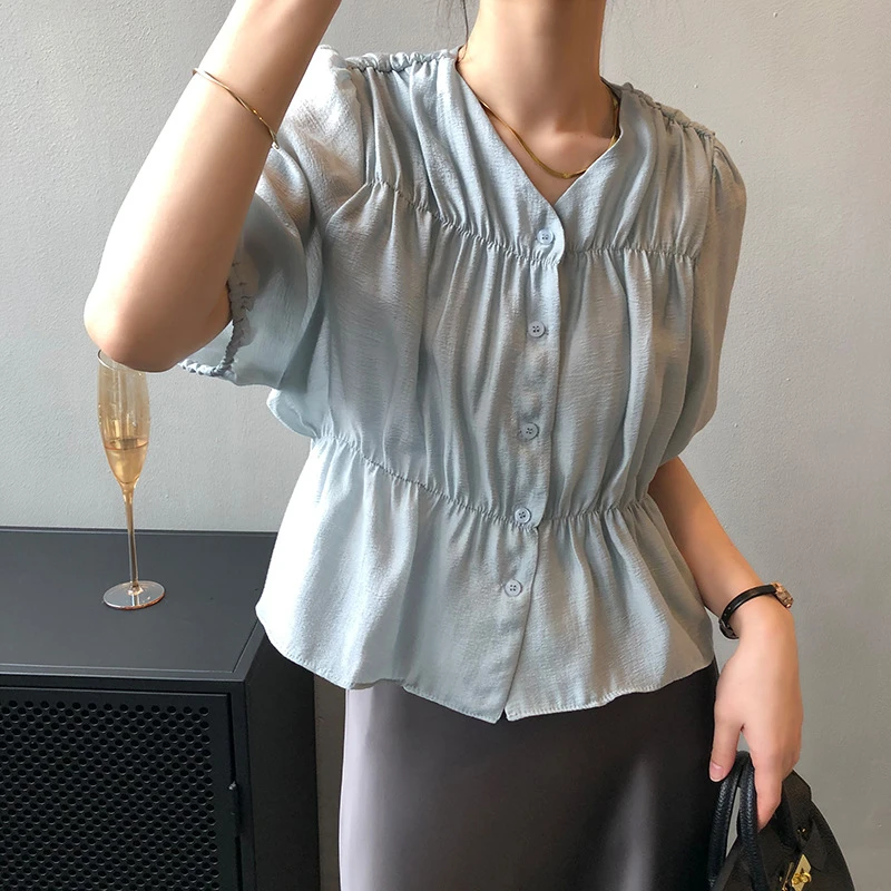 Summer Button Up Shirt Slim Sweet Elegant Plicated Single-breasted Shirts Women Half Puff Sleeve Ladies Casual Blouses 2 Colors
Summer Button Up Shirt Slim Sweet Elegant Plicated Single-breasted Shirts Women Half Puff Sleeve Ladies Casual Blouses 2 Colors