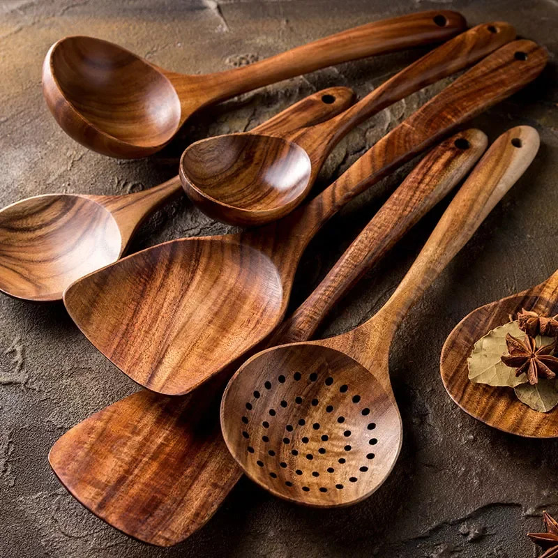 Thailand Teak Natural Wood Tableware Spoon Ladle Turner Long Rice Colander Soup Skimmer Cooking Spoons Scoop Kitchen Tool Set 
Thailand Teak Natural Wood Tableware Spoon Ladle Turner Long Rice Colander Soup Skimmer Cooking Spoons Scoop Kitchen Tool Set