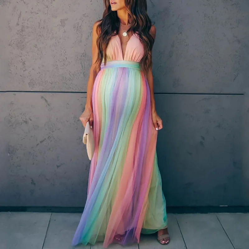 Women Dress Fashion Banquet Sling Sleeveless Spring and Summer Grace V-Neck Loose Pregnant Women Swing Mesh Rainbow Print Dress
Women Dress Fashion Banquet Sling Sleeveless Spring and Summer Grace V-Neck Loose Pregnant Women Swing Mesh Rainbow Print Dress