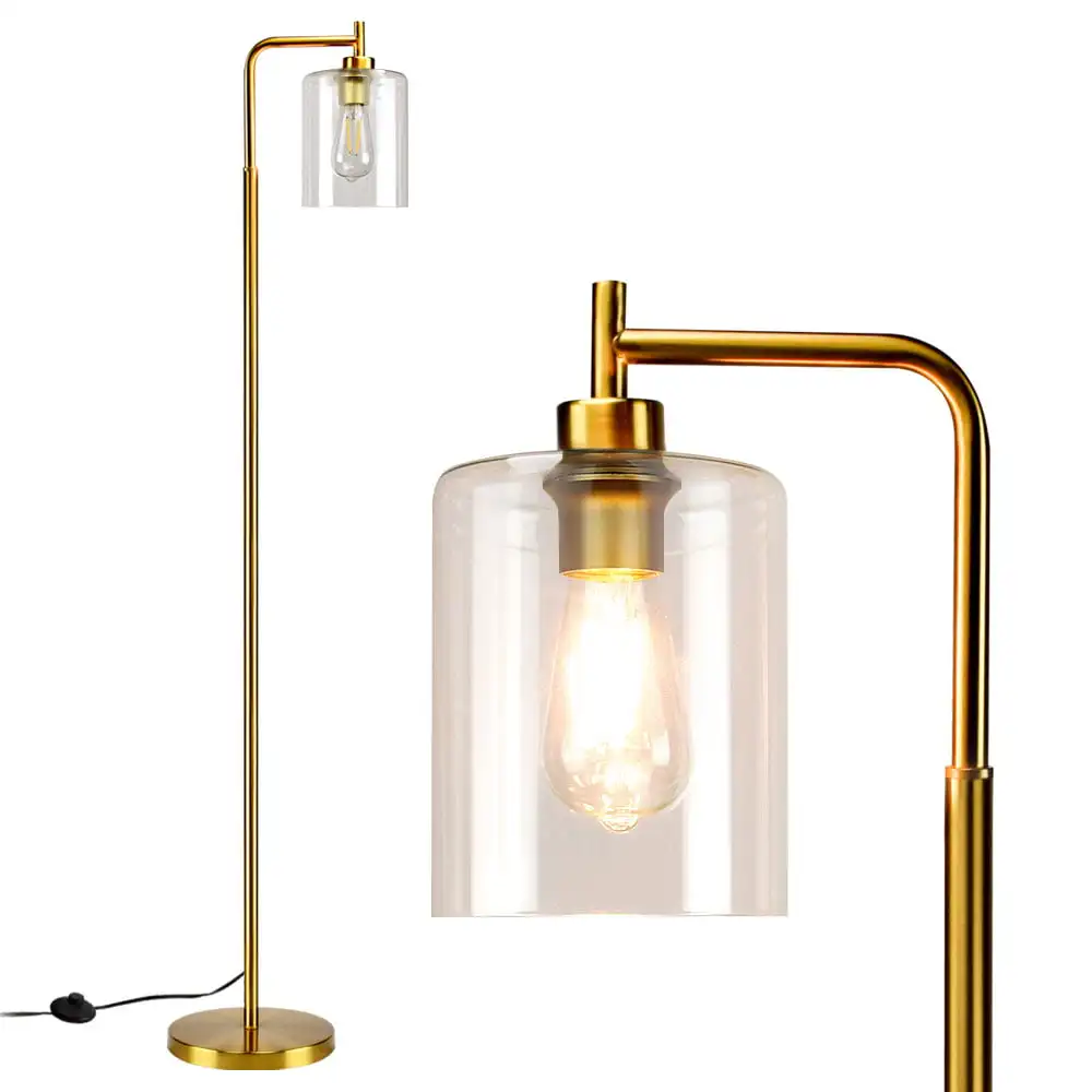 

HMTX Pole Arc Floor Lamp with Hanging Glass Shade, Brass Metal Lighting for Living Room Bedroom Golden E26 Socket