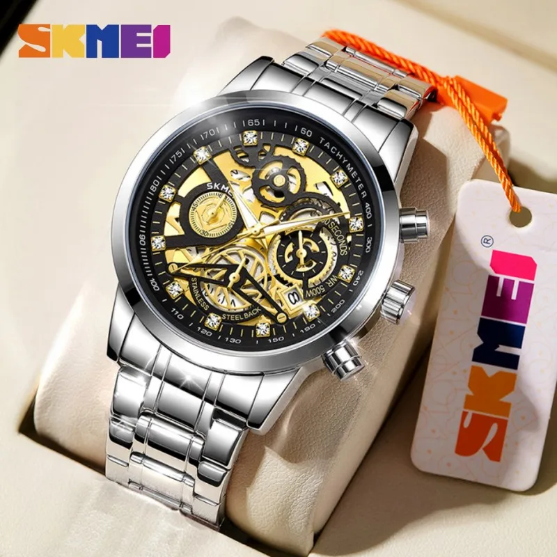 

SKMEI New Luxury Stainless Steel Chronograph Wristwatch Mens Japan Quartz movement Calendar Watches Waterproof Relogio Masculino