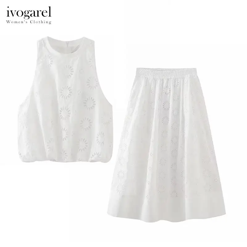 

Ivogarel Cutwork Embroidery Top and Perforated Embroidery Midi Skirt Set Elegant Women's Summer Dress Ensemble with Halter Neck