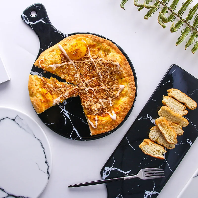 

Мраморная керамическая тарелка для завтрака, хлеб с ручкой, домашний прямоугольный поднос для фруктов и пиццы