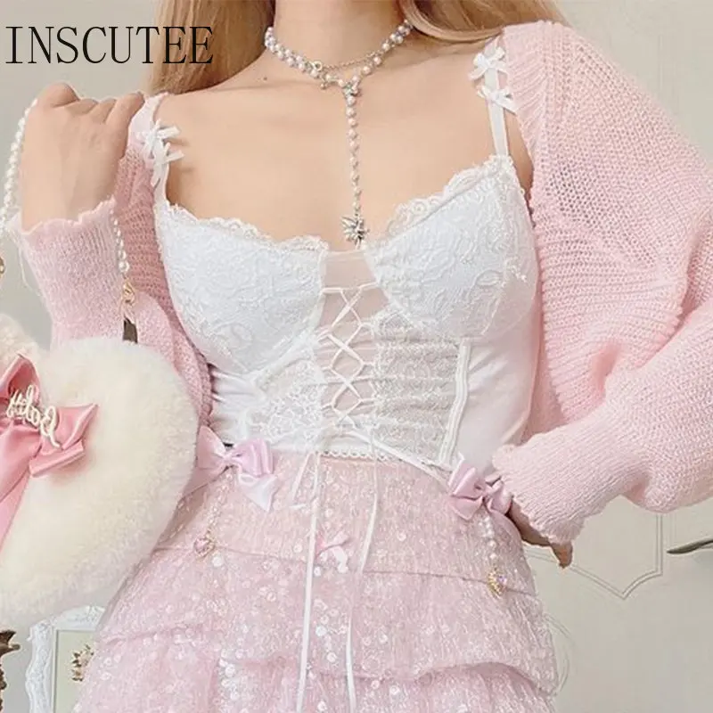 

INSCUTEE Hotsweet Cute Pastel Goth Camis Women Fairycore Grunge Bow Lace Patchwork Crop Tank Tops Kwaii Y2k E-girl Clothes Femme