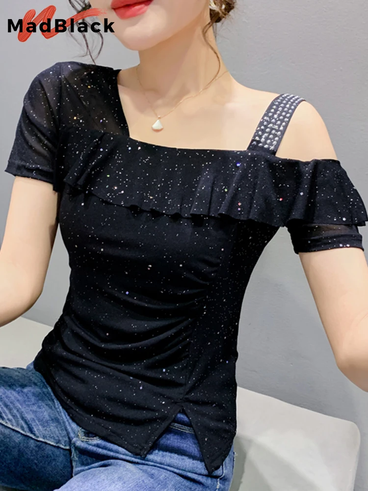 MadBlack Summer Off Shoulder T-Shirt Thin Chic Sexy Skew Neck Ruffles Shiny Rivet Women Tops Short Sleeve New Tees 2022 T23021X
MadBlack Summer Off Shoulder T-Shirt Thin Chic Sexy Skew Neck Ruffles Shiny Rivet Women Tops Short Sleeve New Tees 2022 T23021X