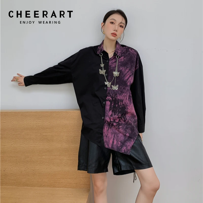 CHEERART Metal Chain Tie Dye Patchwork Button Up Shirt For Women Streetwear Black Purple Oversized Shirt Long Sleeve Top Clothes
CHEERART Metal Chain Tie Dye Patchwork Button Up Shirt For Women Streetwear Black Purple Oversized Shirt Long Sleeve Top Clothes