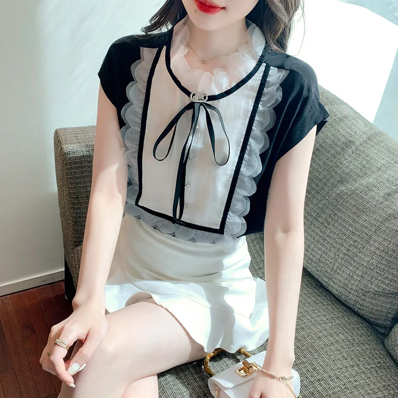 2022 Summer Women clothing New Bowtie Chiffon Blouse Shirt Stand-up collar Patchwork Casual top Blusa
2022 Summer Women clothing New Bowtie Chiffon Blouse Shirt Stand-up collar Patchwork Casual top Blusa