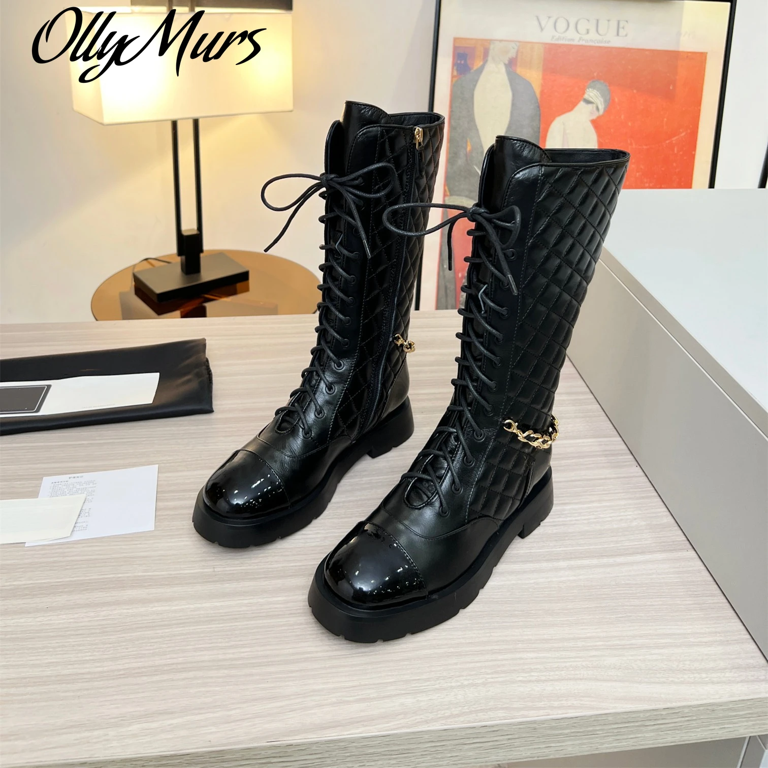 

New Shoes For Women Size35-41 Genuine Leather Boots Med Heels Chain Sewing Mid Calf Boots Winter Designer Shoes Zapatillas Mujer