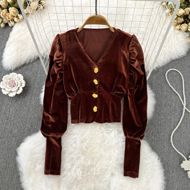 Korean Fashion Velvet Shirt Woman Puff Long Sleeve V Neck Single-breasted Shirts Female High Waist Vintage Top Dropshipping 
Korean Fashion Velvet Shirt Woman Puff Long Sleeve V Neck Single-breasted Shirts Female High Waist Vintage Top Dropshipping