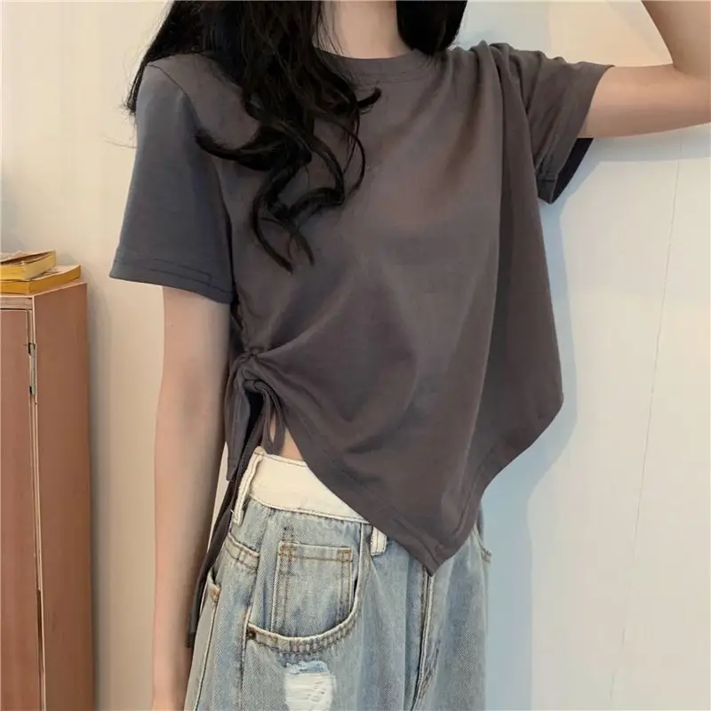 Irregular Drawstring Short T-Shirt Short Sleeve Summer Chic Solid O-Neck Loose Tops Women 2022 Casual T Shirt Women
Irregular Drawstring Short T-Shirt Short Sleeve Summer Chic Solid O-Neck Loose Tops Women 2022 Casual T Shirt Women
