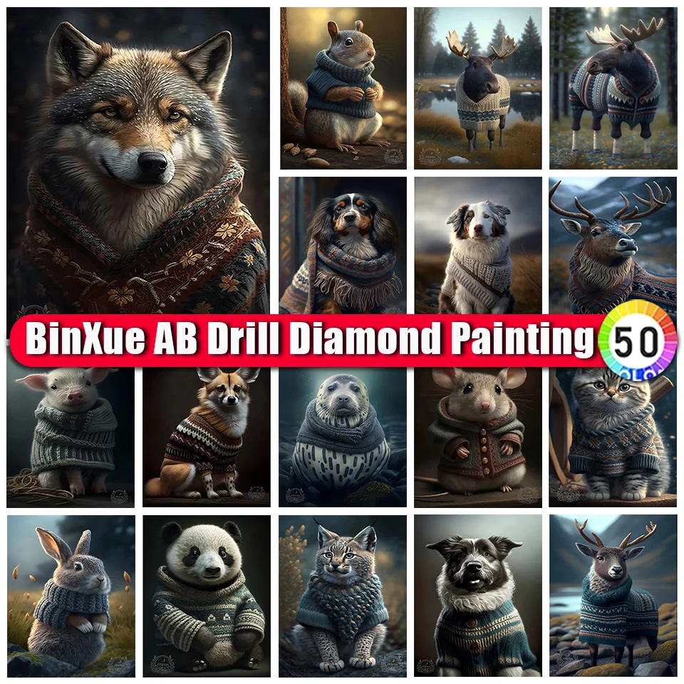 

BinXue 5D DIY Animal Wolf AB Diamond Painting Panda Elk Cross Stitch Cat Mouse Handmade Pig Rabbit Mosaic Art Home Decor Gift