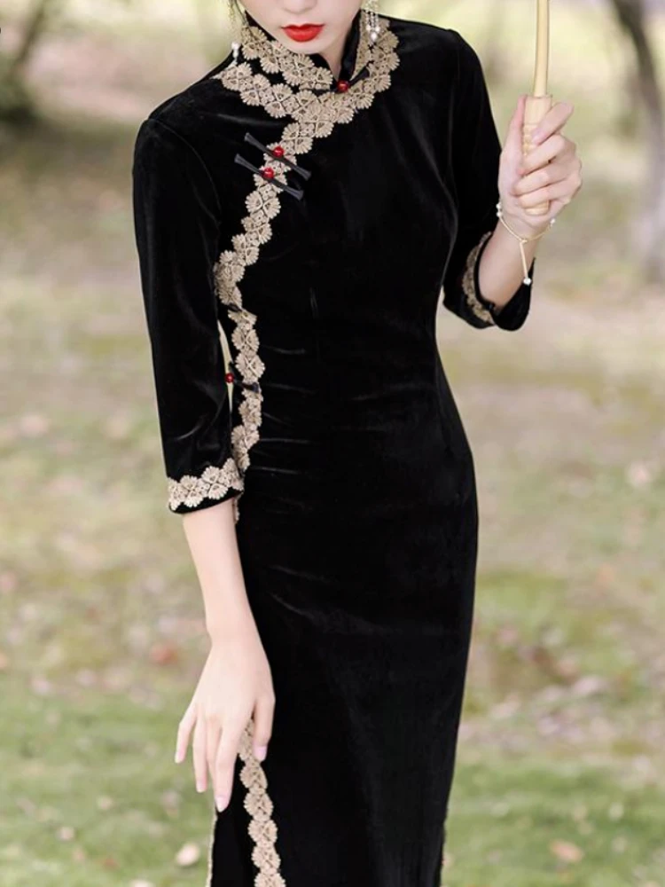 Chinese Traditional Black Velvet Cheongsam Dress Women Chic Jacquard Lace Neck Qipao Dresses Vintage Elegant Sexy Asian Clothes
Chinese Traditional Black Velvet Cheongsam Dress Women Chic Jacquard Lace Neck Qipao Dresses Vintage Elegant Sexy Asian Clothes