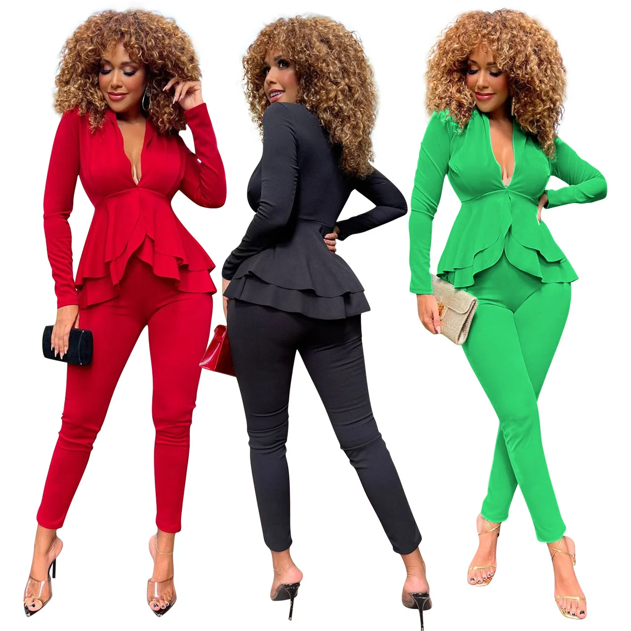 Women Sexy V-Neck 2 Two Pieces Sets Ladies Fall Elegant Solid Color Ruffles Tops And Tight Leggings Trousers Blazer Set
Women Sexy V-Neck 2 Two Pieces Sets Ladies Fall Elegant Solid Color Ruffles Tops And Tight Leggings Trousers Blazer Set